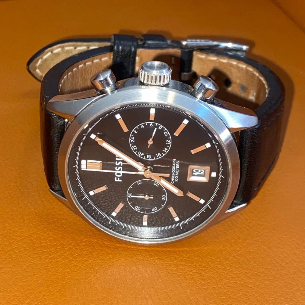 Fossil Del Rey CH2972 Chronograph Men's Black Dial Leather Strap Watch 43mm
